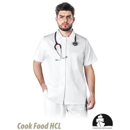 Bluza w kolorze białym  medyczna ochronna z krótkim rękawem, zapinana LH-HCL_JSSBU